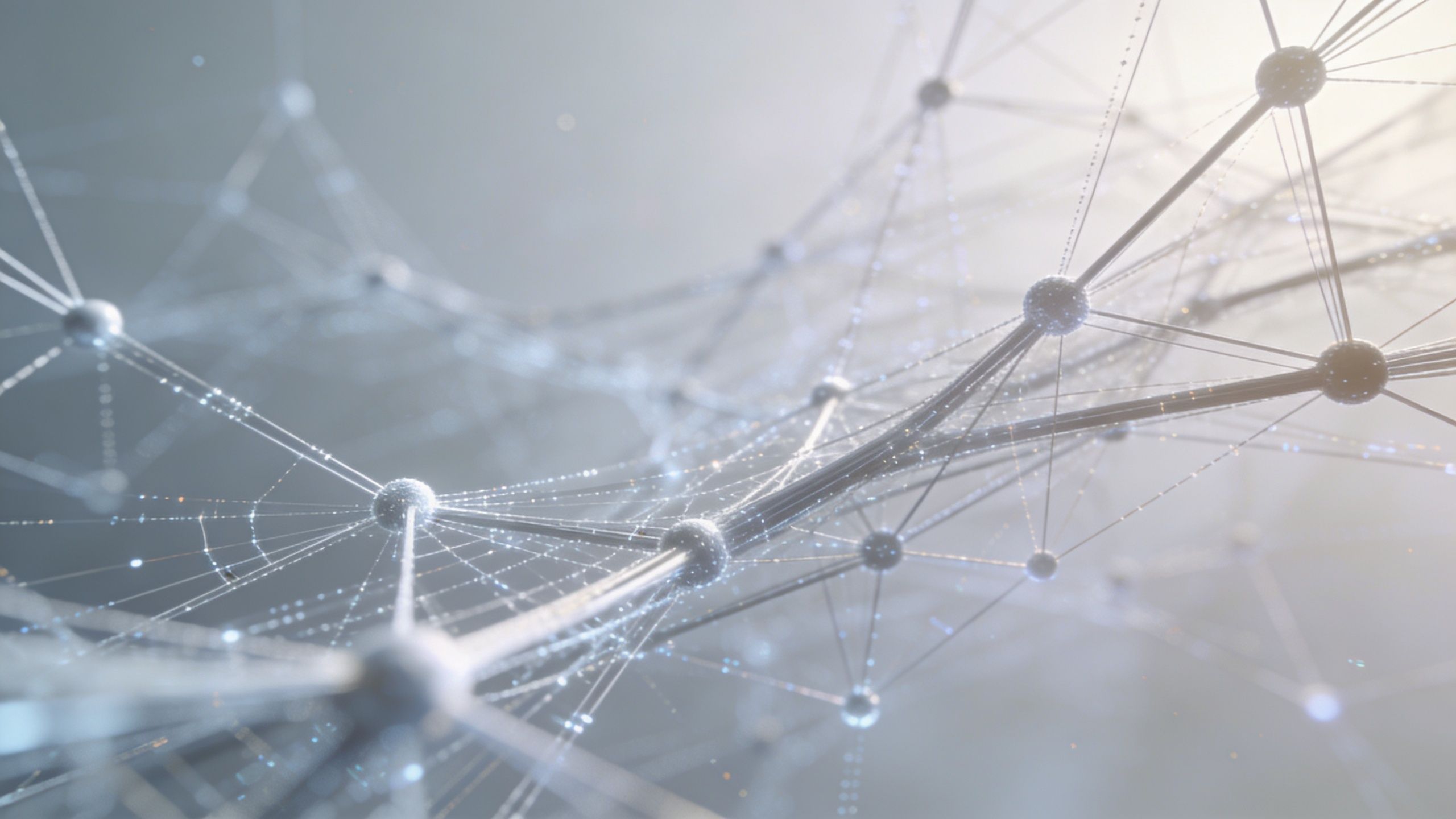A digital 3D abstract visualization of a complex network of interconnected nodes and glowing communication lines.