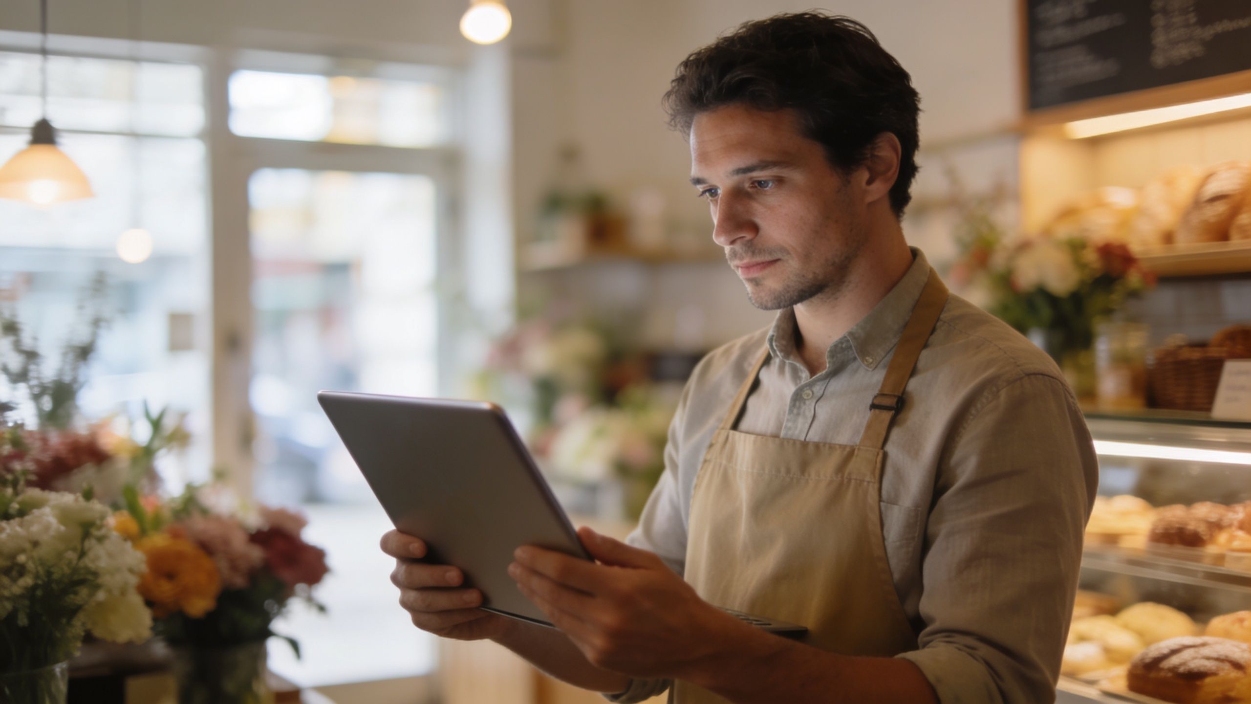 A professional florist in an apron holding a digital tablet while working inside a flower shop