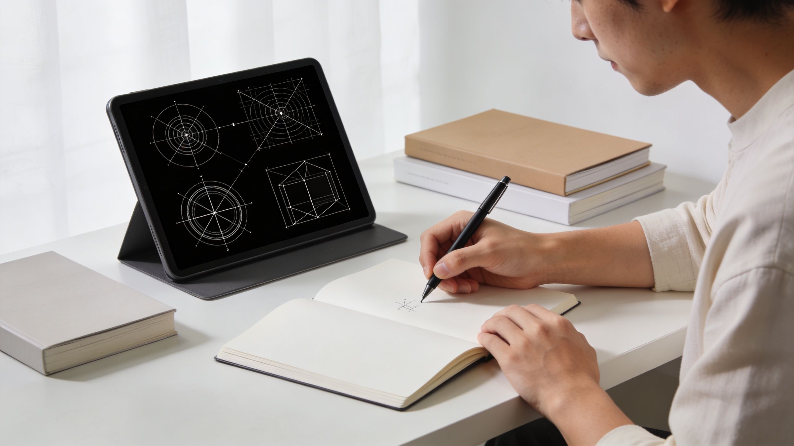 A young man sitting at a desk writing in a notebook while looking at geometric designs on a tablet.