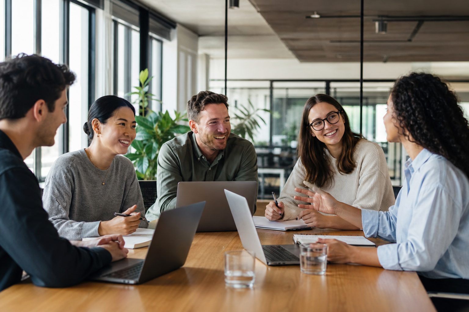 Marketing team collaborating around a conference table in a modern Australian office