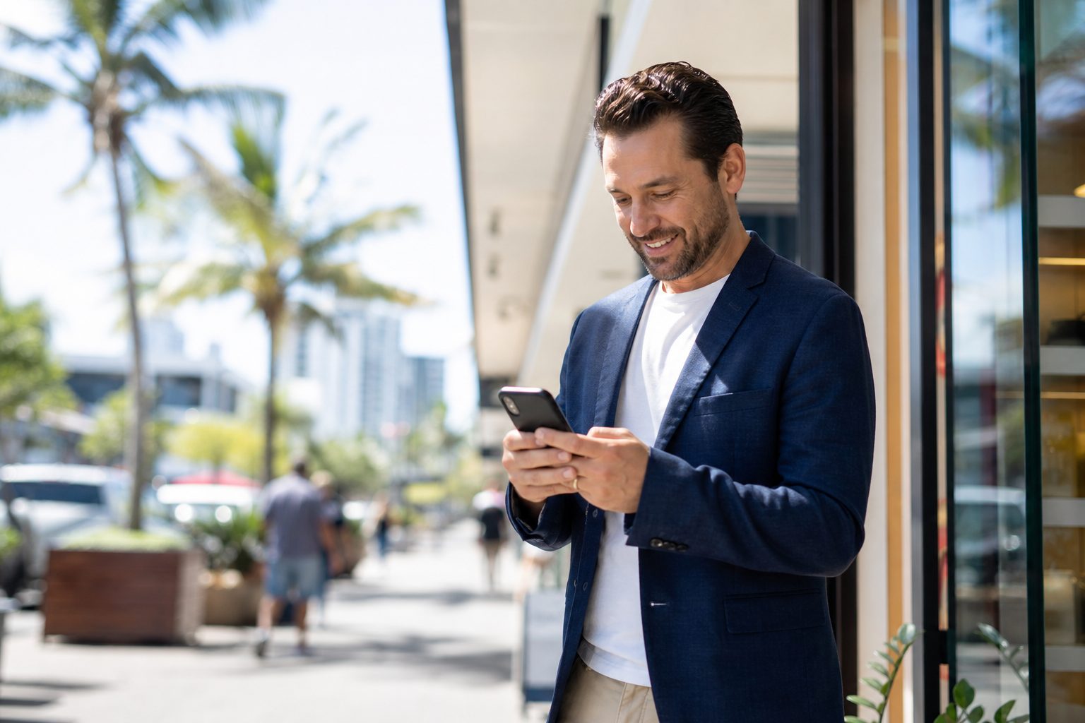 Business owner checking AI search results on smartphone outside Australian shopfront