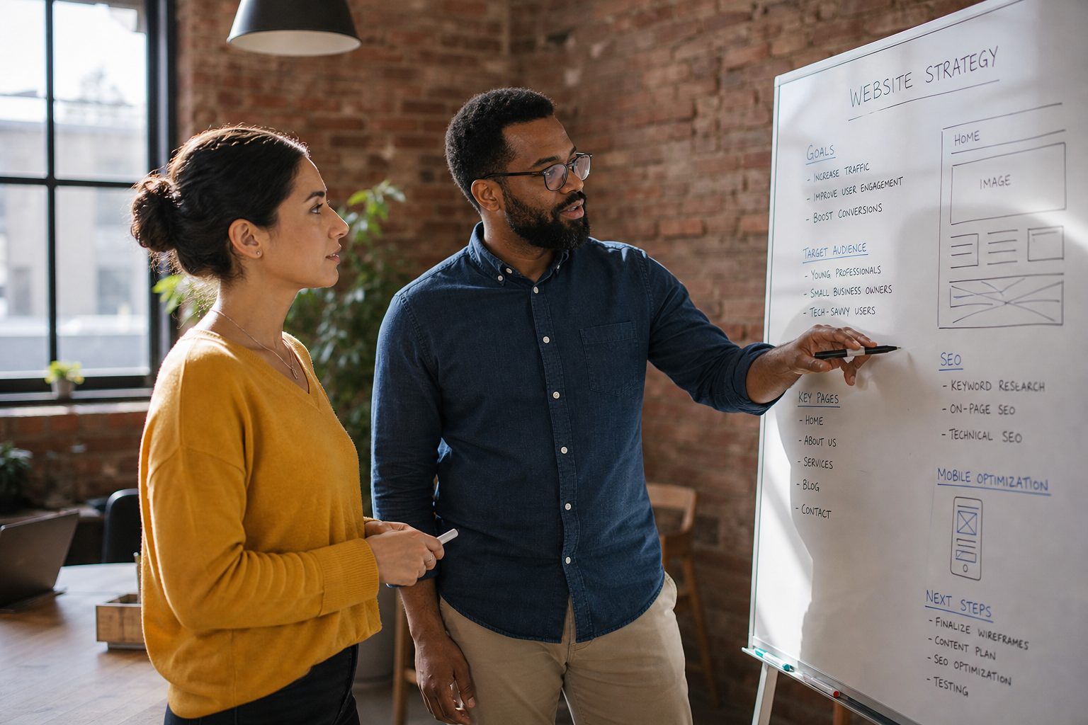 Two professionals collaborating on website AI optimisation strategy