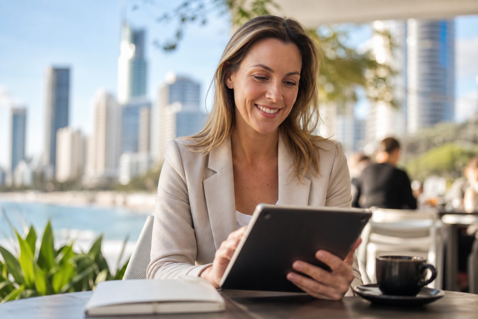 Business owner reviewing website performance on tablet at outdoor Gold Coast cafe