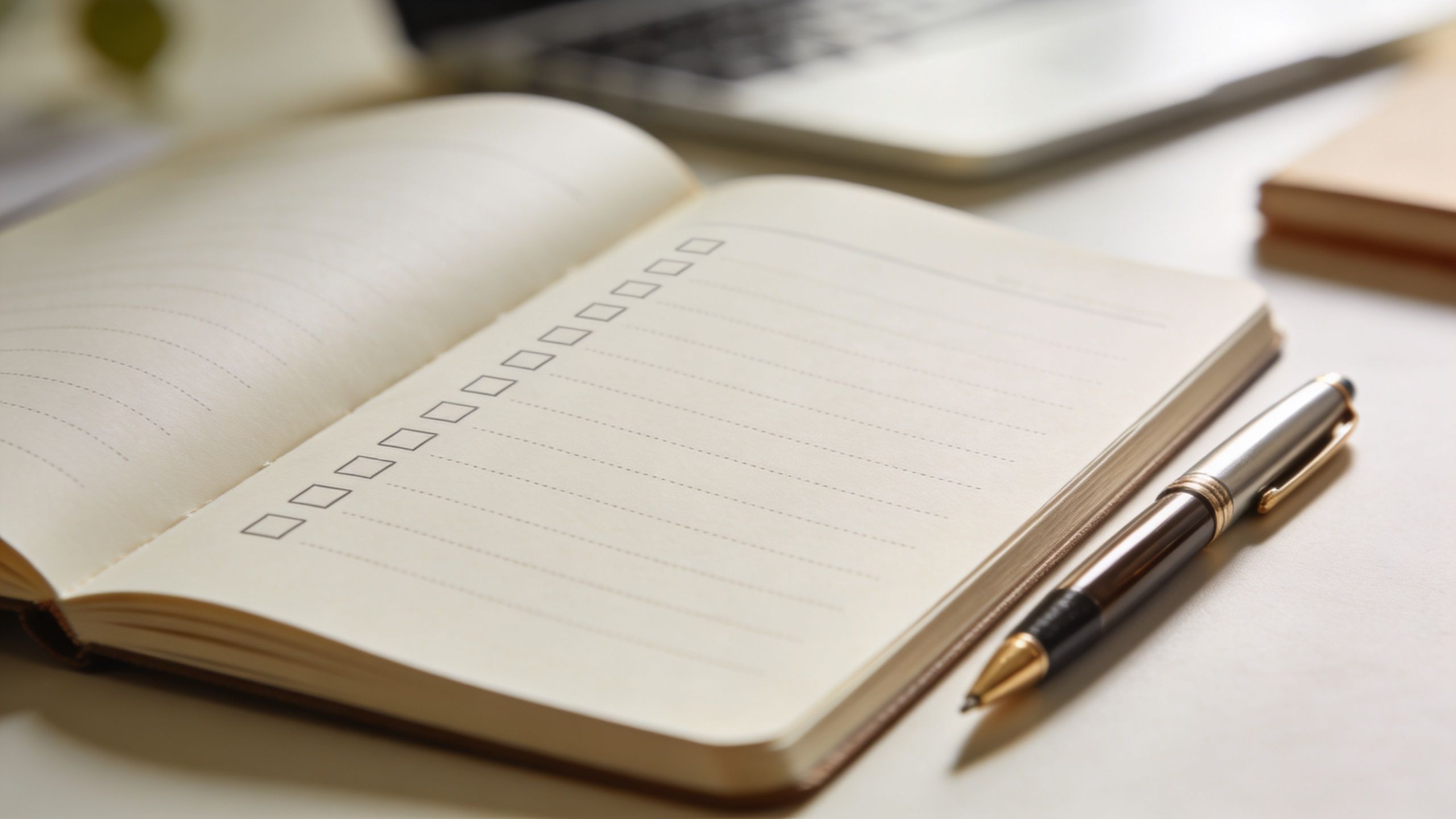 An open notebook with a checklist and a professional pen resting on a desk with a laptop
