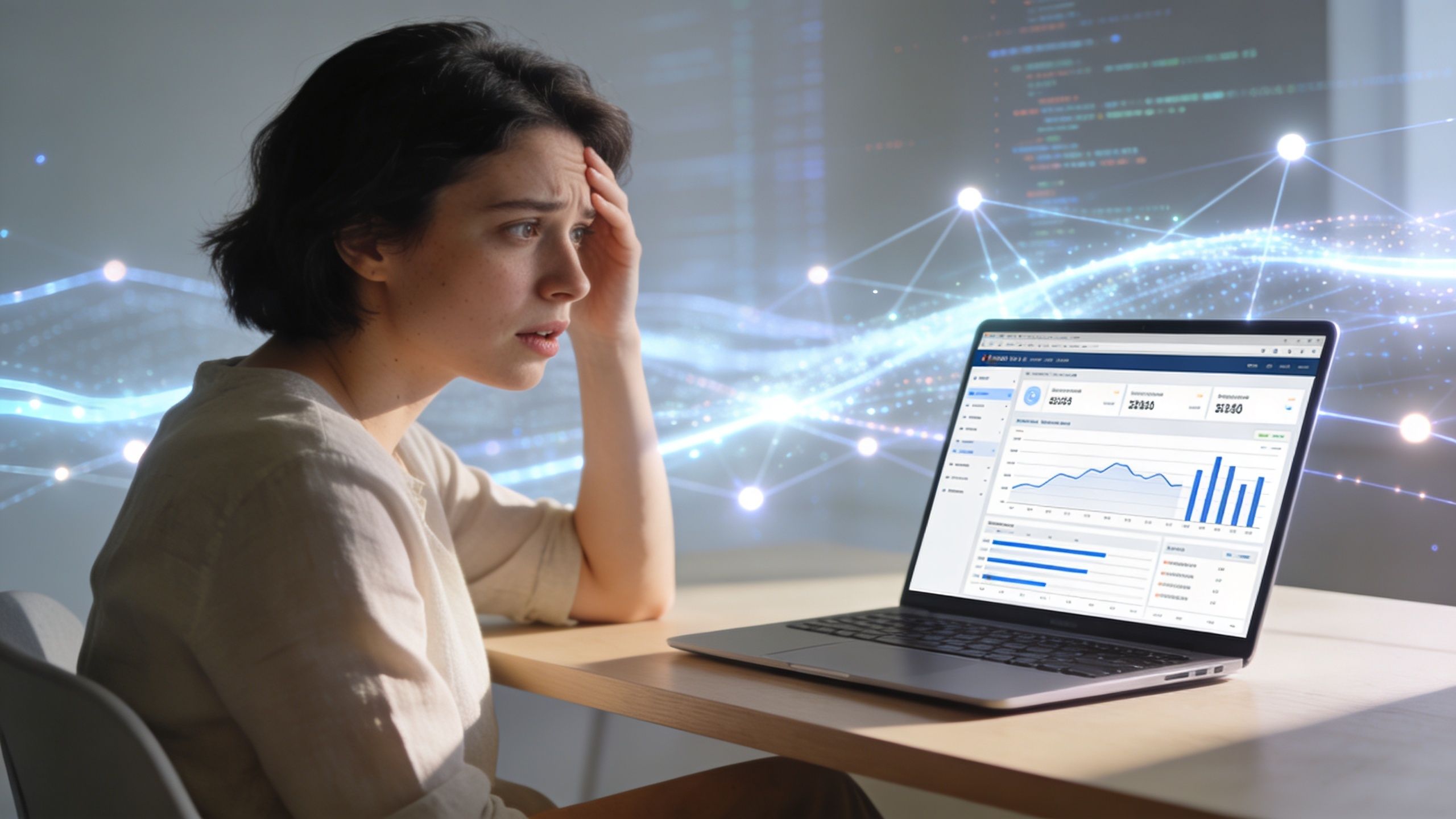A concerned woman sitting at a desk looking at a laptop displaying complex data visualization charts.