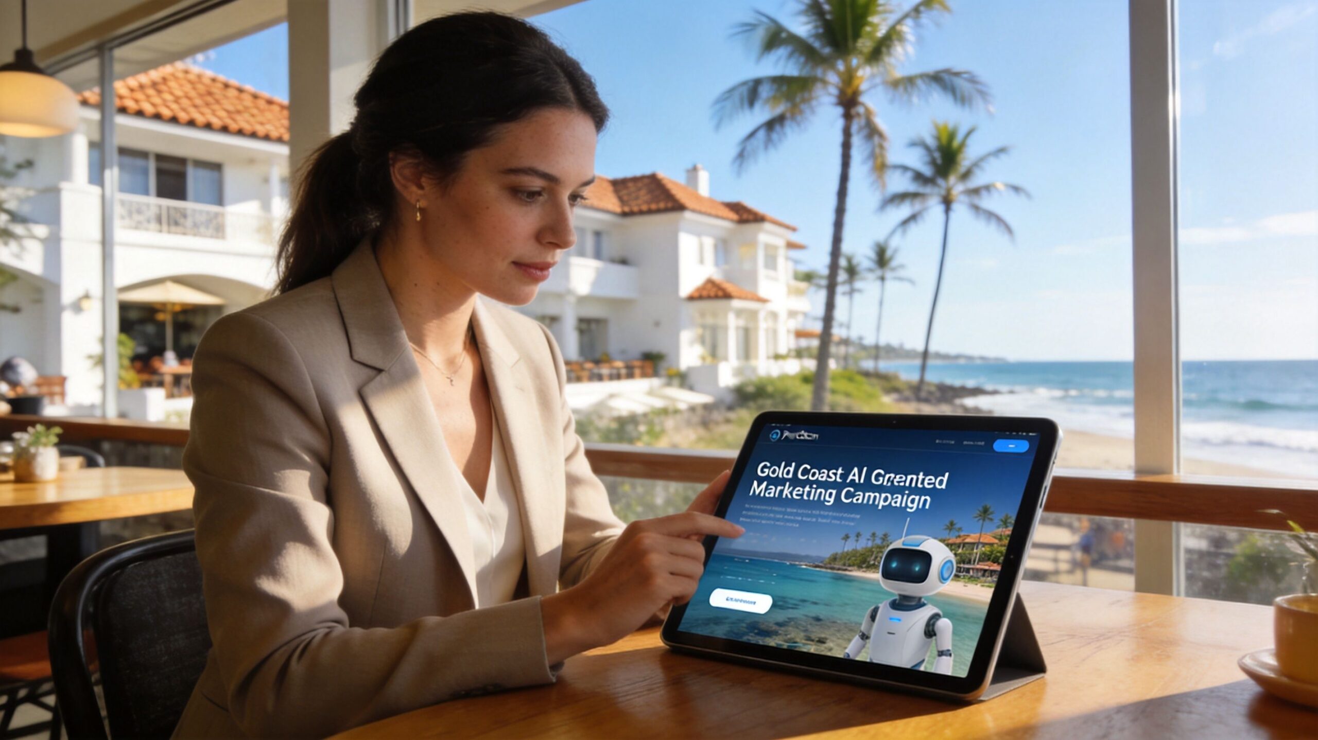A professional woman uses a tablet to review an AI-powered marketing campaign strategy for Gold Coast clients.