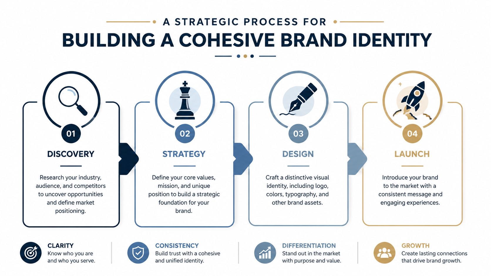 A four-step infographic illustrating the strategic process of building a cohesive and effective brand identity.