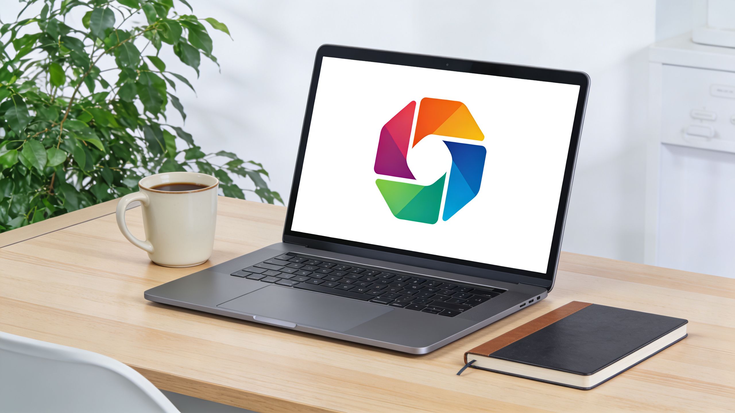 A modern laptop displaying a colorful geometric logo on a wooden desk with a coffee mug.