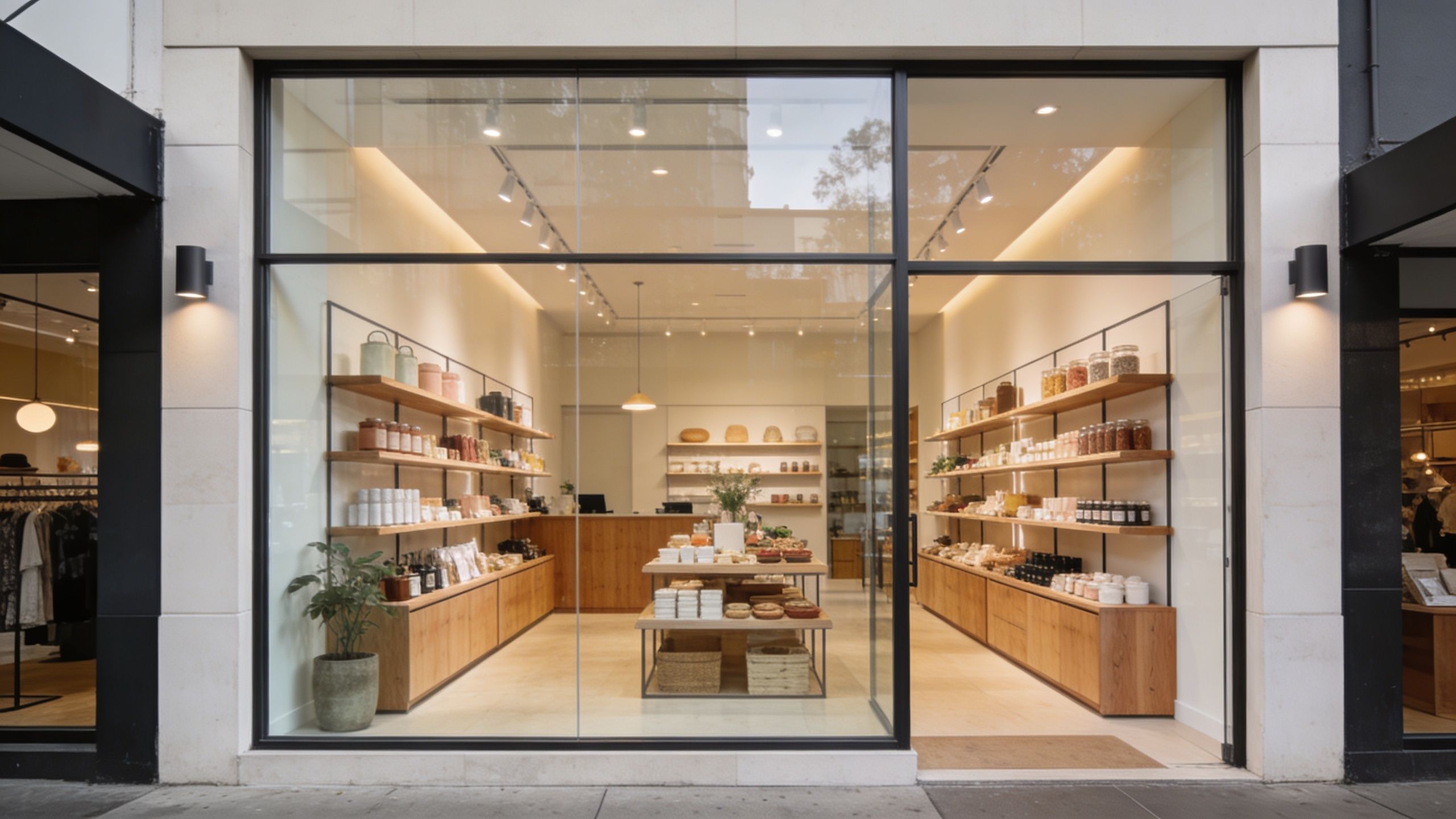 The storefront of a modern retail shop featuring wooden shelving, minimalist display units, and natural light.