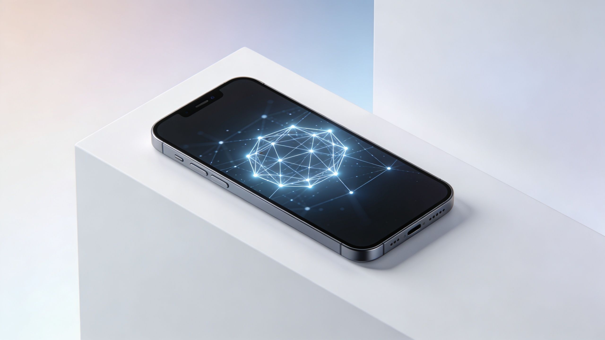 A modern smartphone displaying a glowing geometric network structure on its screen resting on white pedestals.