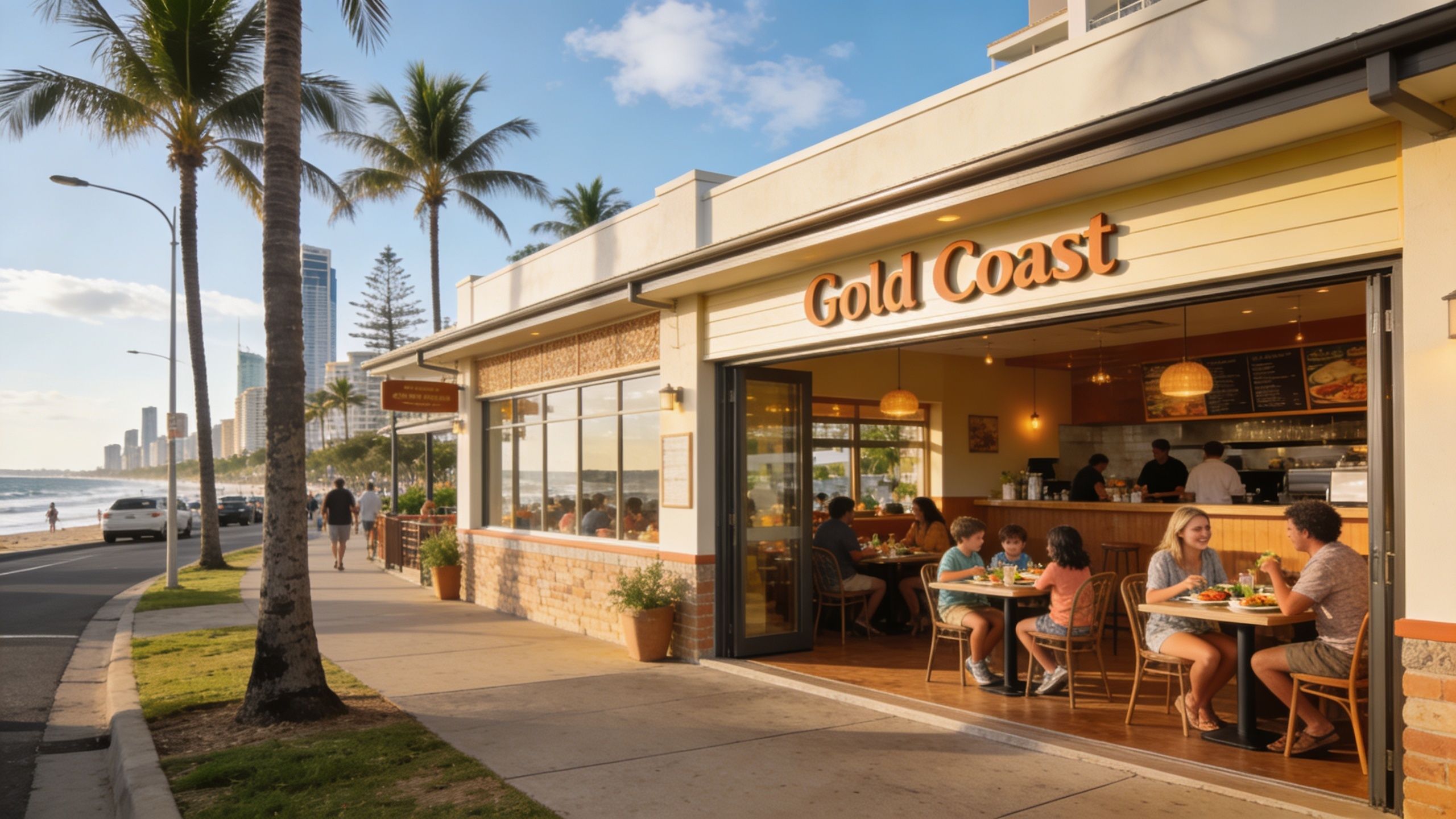 A scenic outdoor restaurant named Gold Coast located by a sandy beach with people dining inside.