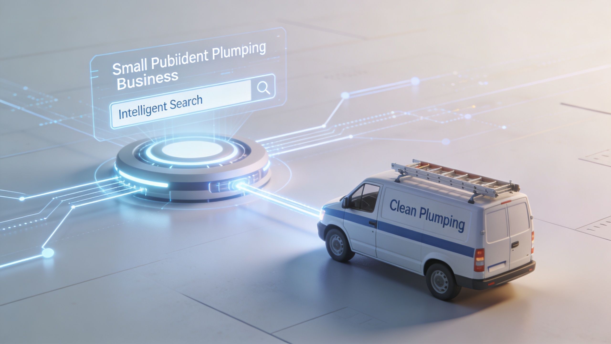 A digital illustration of a service van connected to a futuristic search interface representing intelligent business optimization.