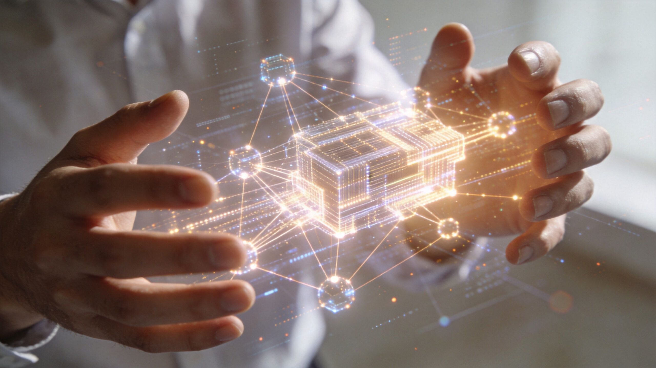 A businessman holding a glowing digital representation of a data structure or network architecture in his hands.