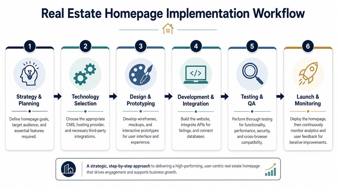 A six-step infographic illustrating the professional workflow for designing and launching a real estate website homepage.