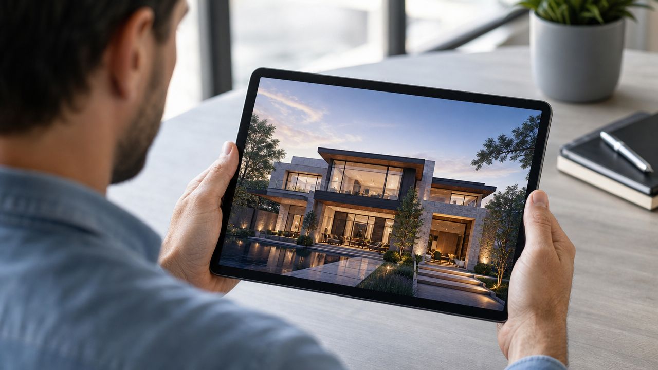 A man viewing a modern luxury house design on a tablet screen held in his hands.