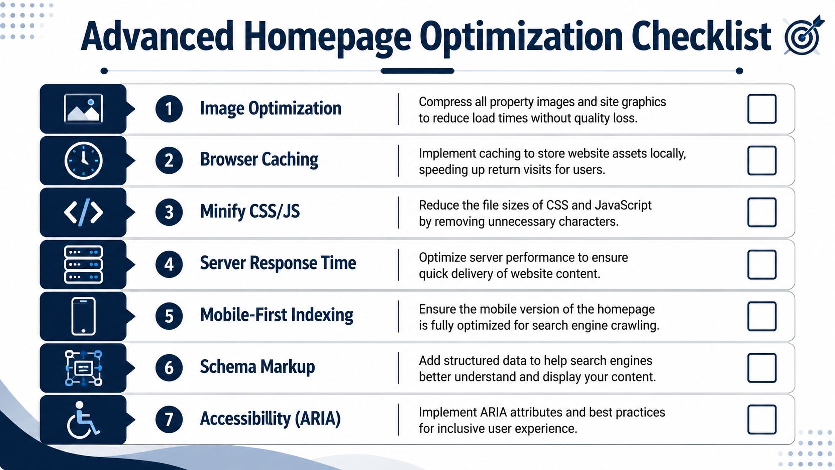 A checklist infographic titled Advanced Homepage Optimization Checklist listing seven key steps for improving website performance.