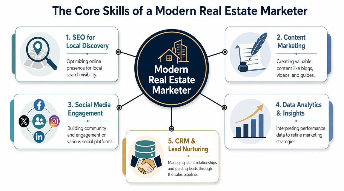 A diagram illustrating five essential skills for modern real estate marketers including SEO, content, and analytics.