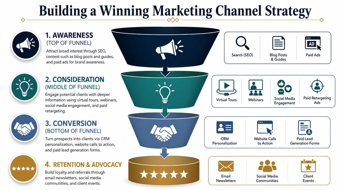 A marketing funnel diagram outlining strategies for awareness, consideration, conversion, and retention in business.
