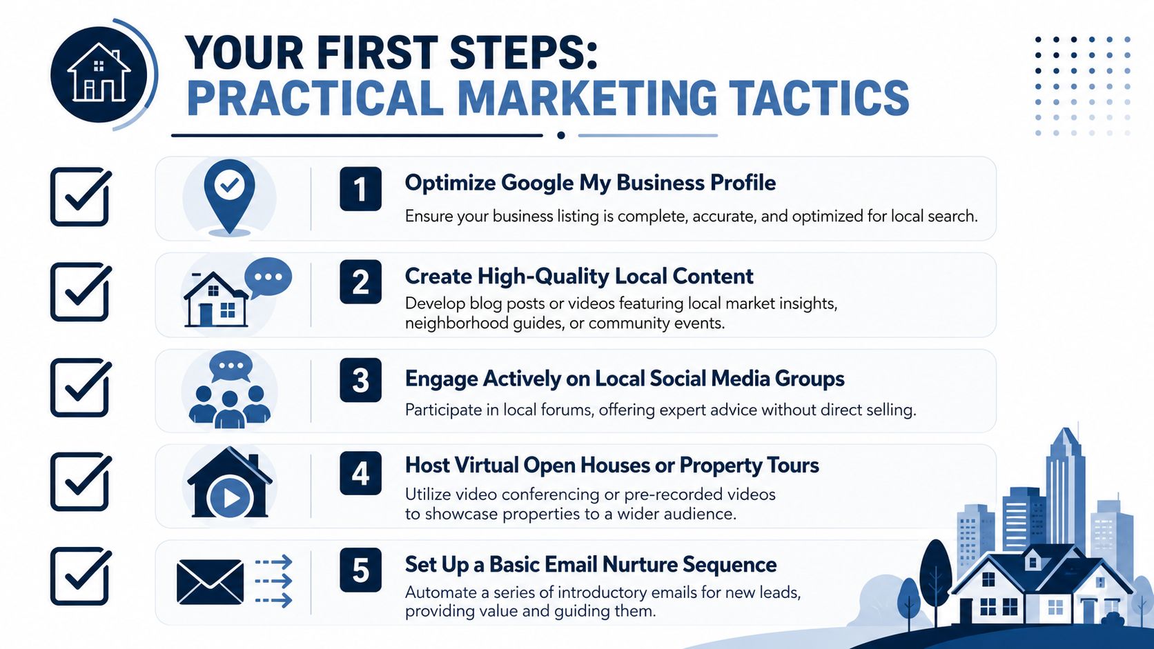 A checklist infographic titled Your First Steps: Practical Marketing Tactics for real estate business professionals.