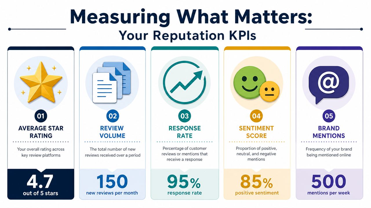 An infographic titled Measuring What Matters showing five essential KPIs for tracking online business reputation.