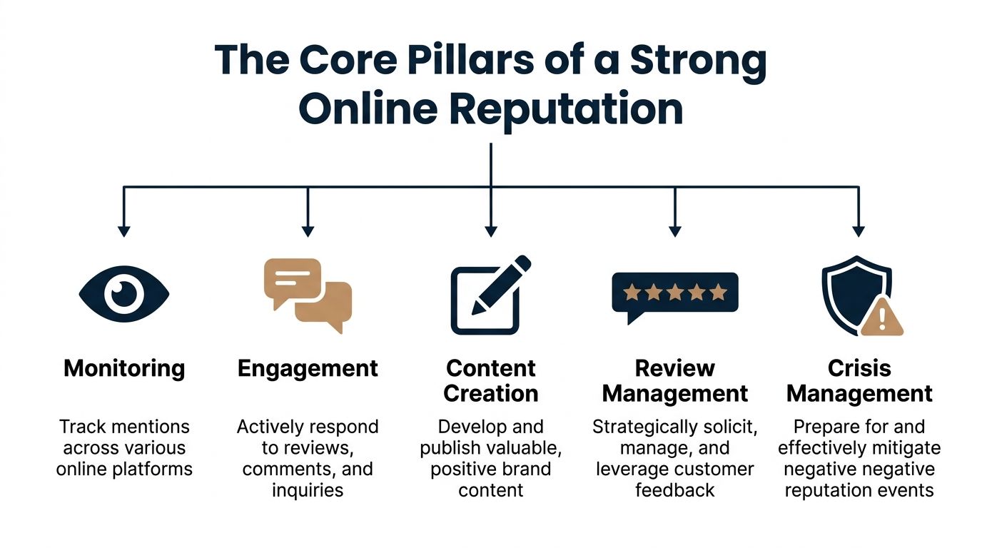 A diagram outlining the five core pillars of building a strong online reputation for businesses.