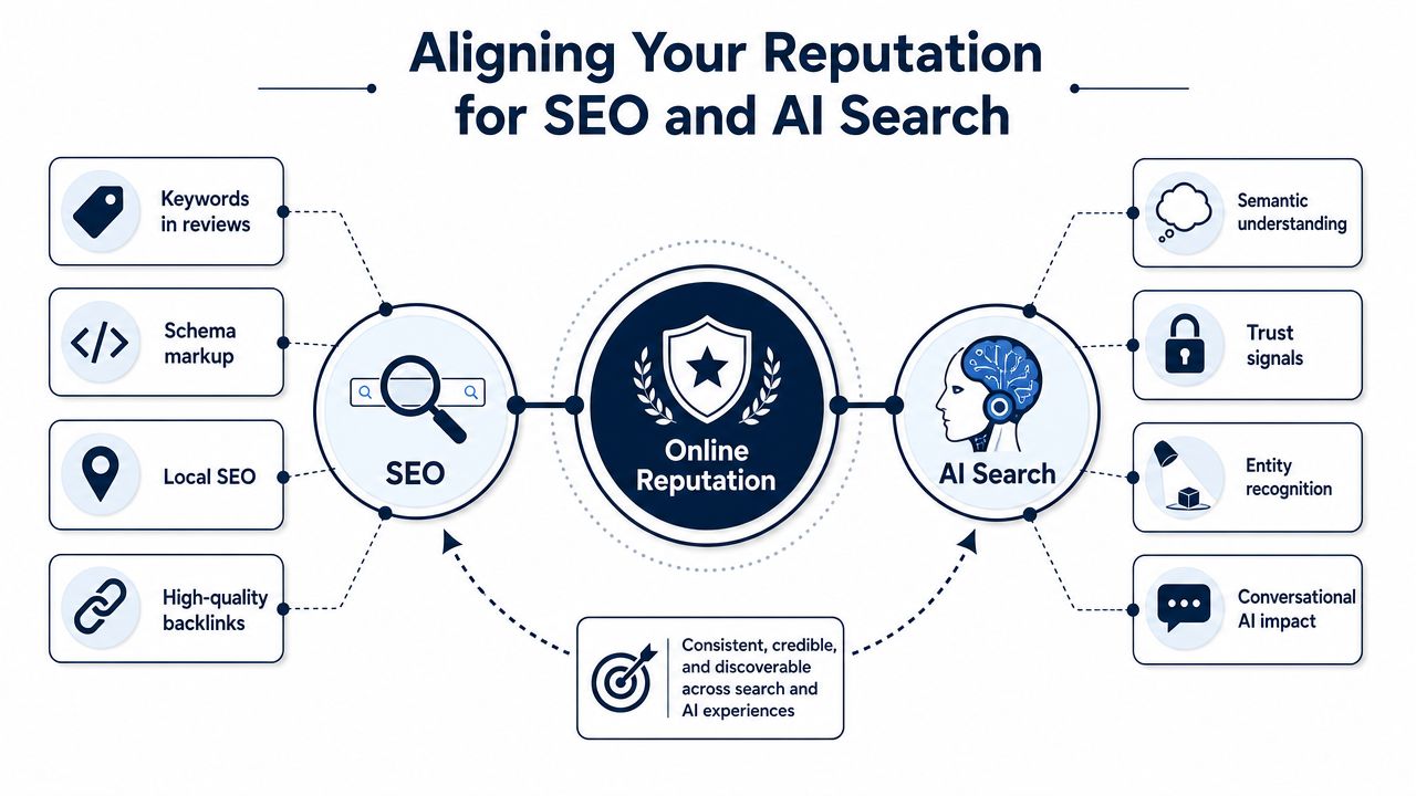 A diagram illustrating how to align online reputation strategies for both SEO and AI search results.