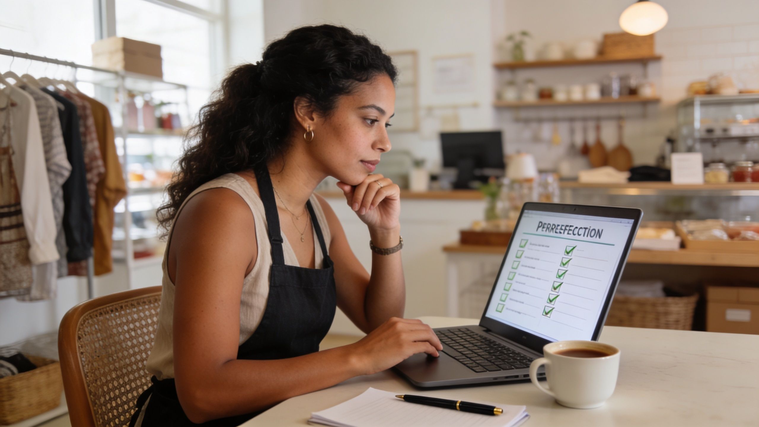 A focused woman entrepreneur in an apron reviews an online checklist on her laptop in a cafe.