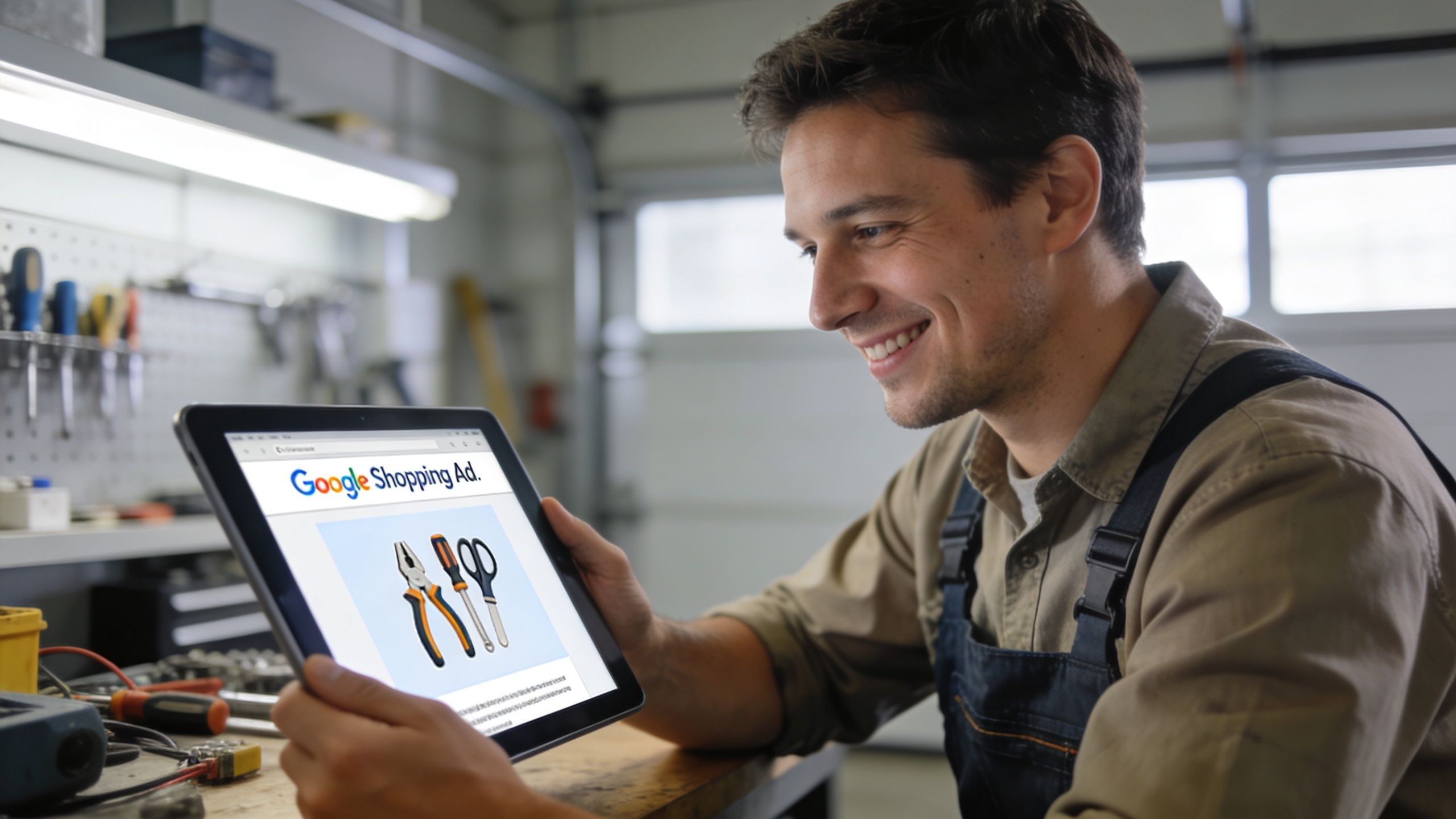A smiling man wearing overalls holding a tablet displaying a Google shopping ad for various hand tools.