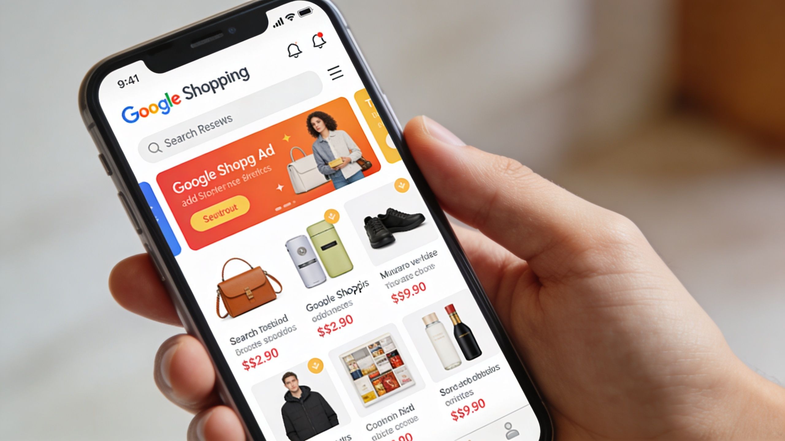 A smartphone held in a hand showing a Google Shopping interface with various retail products and advertisements.