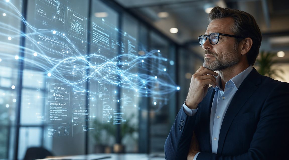 A professional man in a suit looks thoughtfully at a glowing digital visualization of data streams.