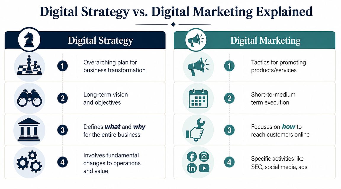 A comparison infographic showing the key differences between a broad digital business strategy and specific digital marketing.
