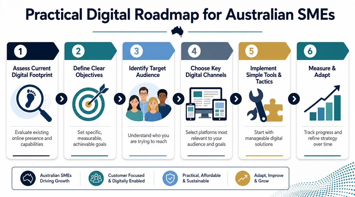 A six-step digital roadmap infographic designed to help Australian small and medium businesses improve their digital strategy.