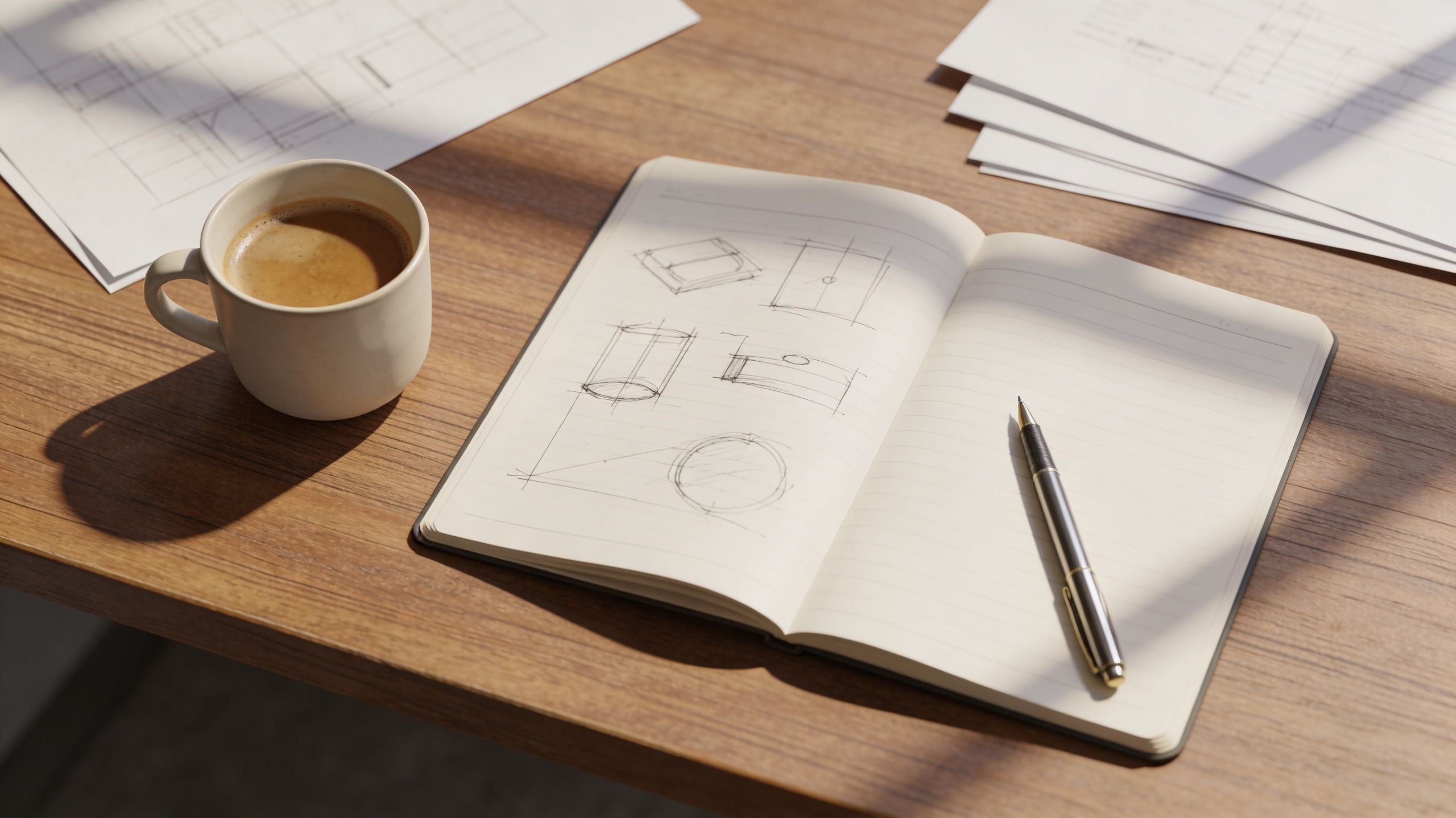 A cup of coffee, a notebook with technical sketches, and a pen on a wooden desk.