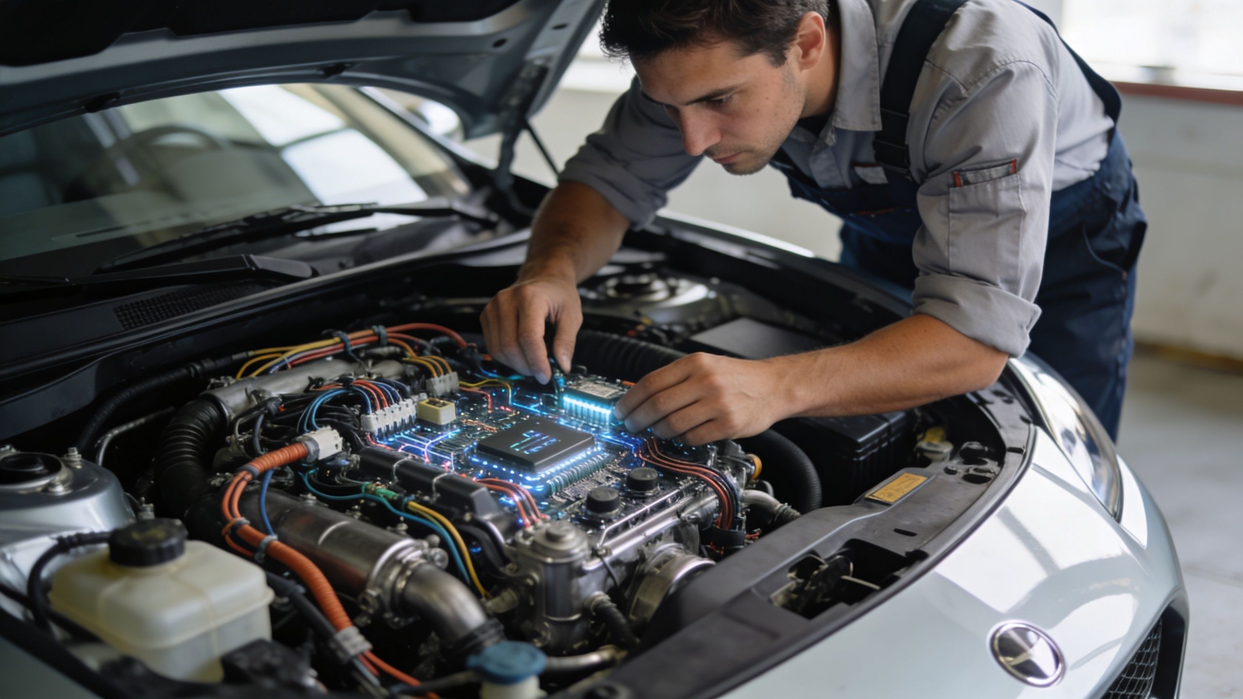 A professional mechanic working on the complex glowing electronic engine components under the hood of a car.