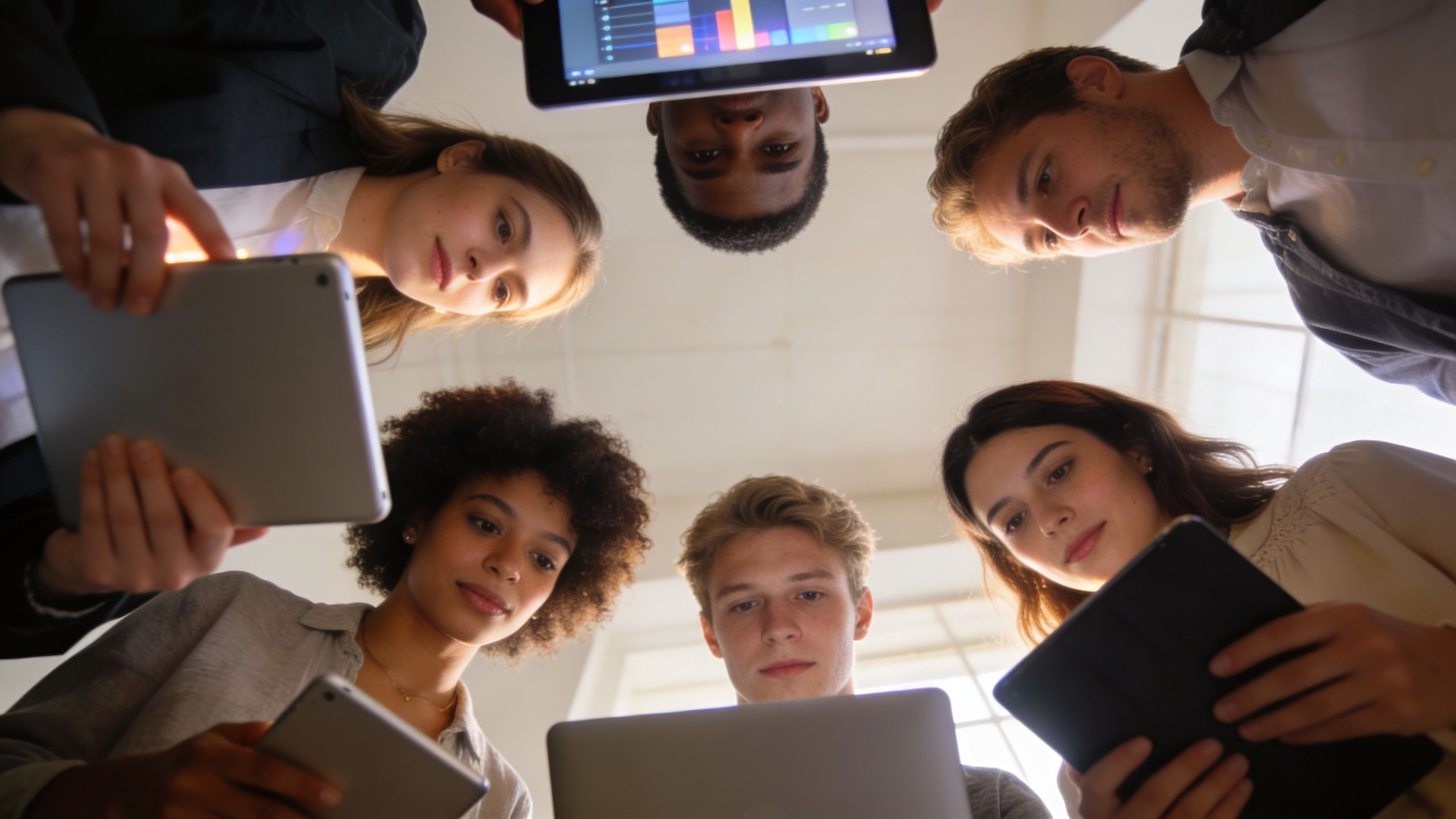 A diverse group of young colleagues looking down while collaborating on digital devices in an office setting.