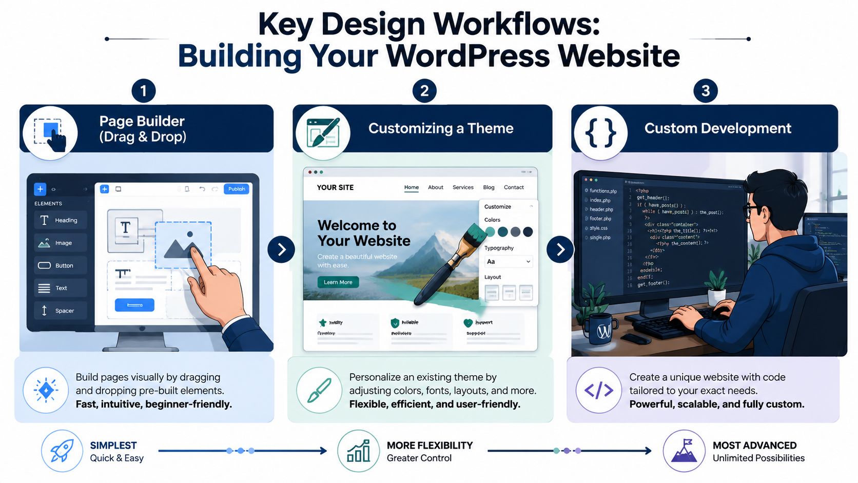 A visual guide comparing three key WordPress design workflows: Page Builders, Theme Customization, and Custom Development.