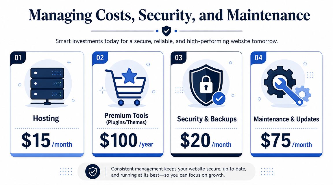 A professional infographic detailing the monthly and yearly costs for website hosting, premium tools, security, and maintenance.