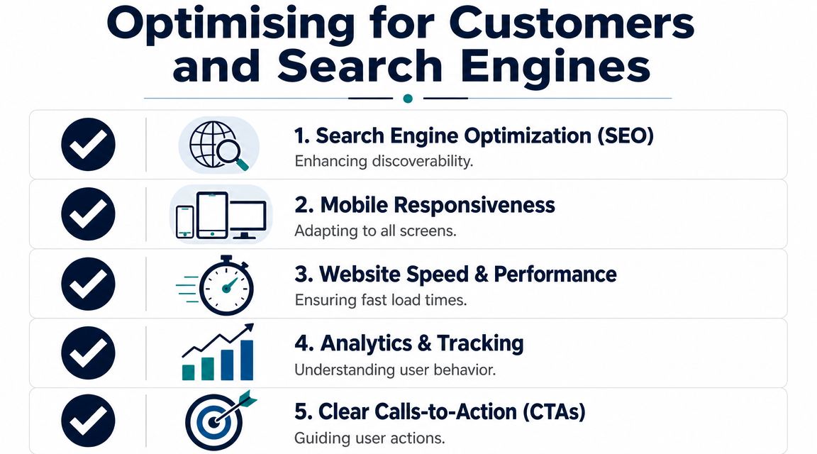 A list of five essential optimization factors for improving website performance for customers and search engines.