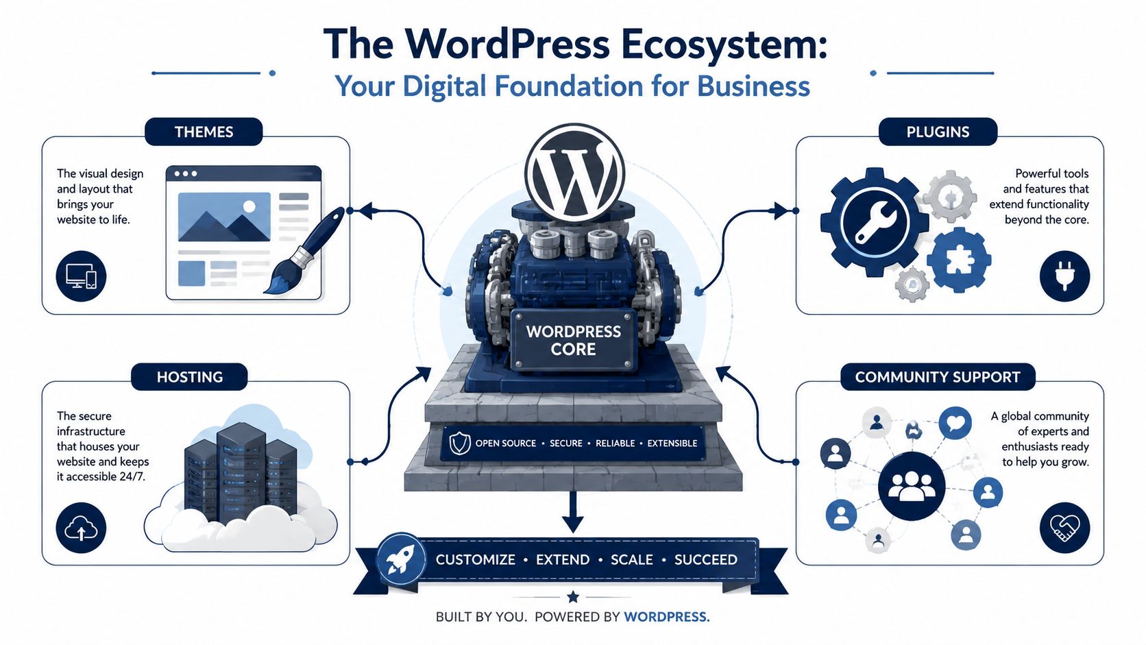 An infographic showing the WordPress ecosystem, featuring core components like themes, plugins, hosting, and community support.