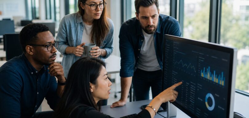 Business team reviewing search analytics in a modern office