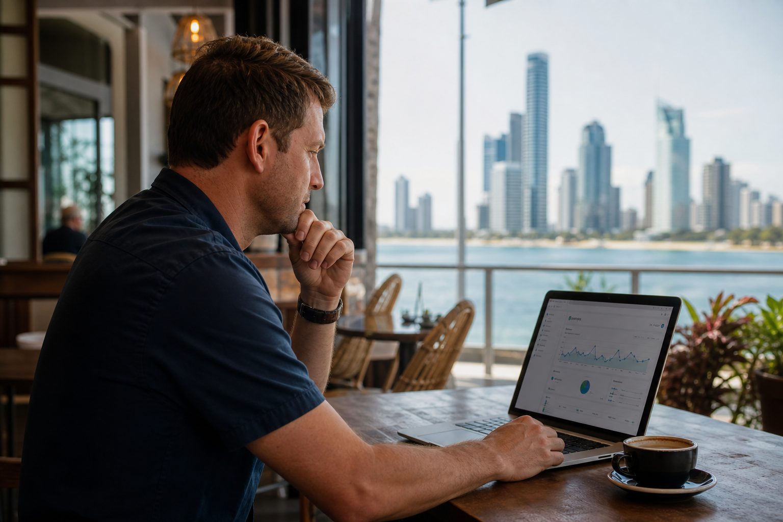Business owner reviewing website performance data at a cafe on the Gold Coast