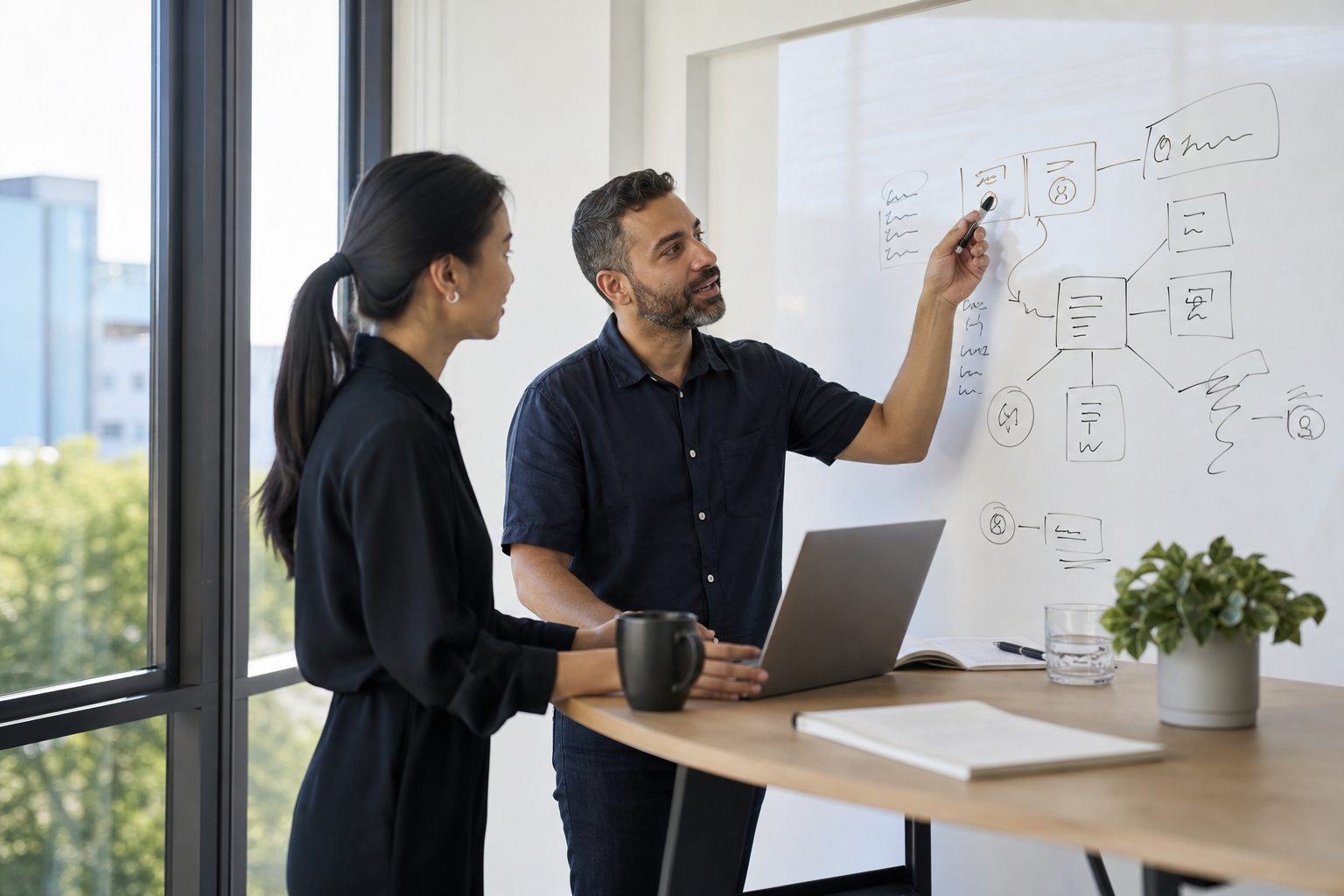 Two professionals collaborating on content strategy at a standing desk