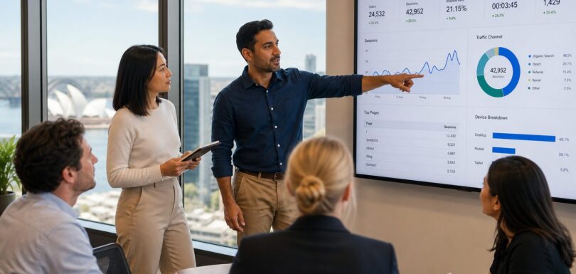 Business team reviewing AI search traffic analytics on a large screen in a modern office