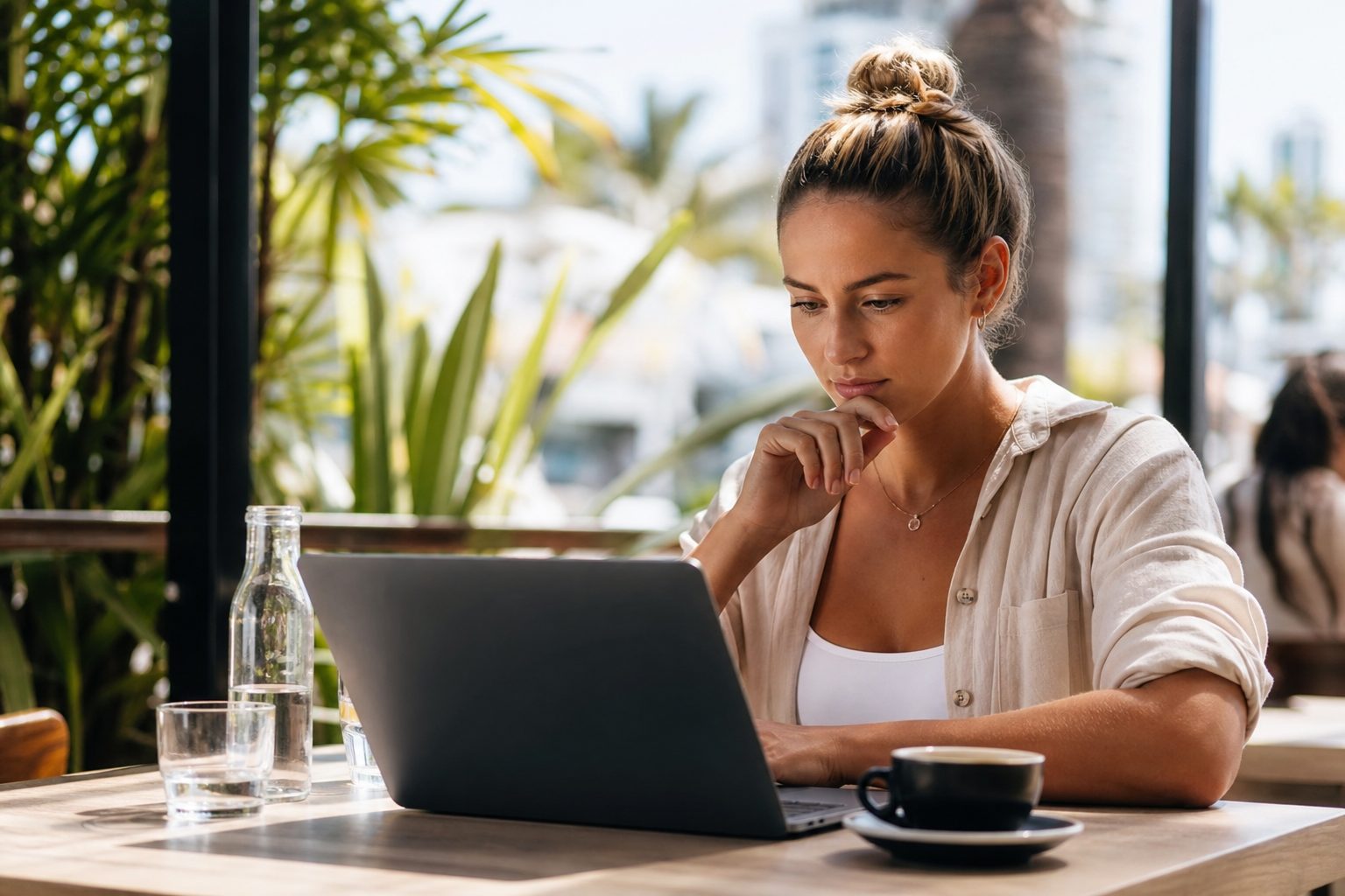 Business professional analysing website analytics data on a laptop at an outdoor cafe