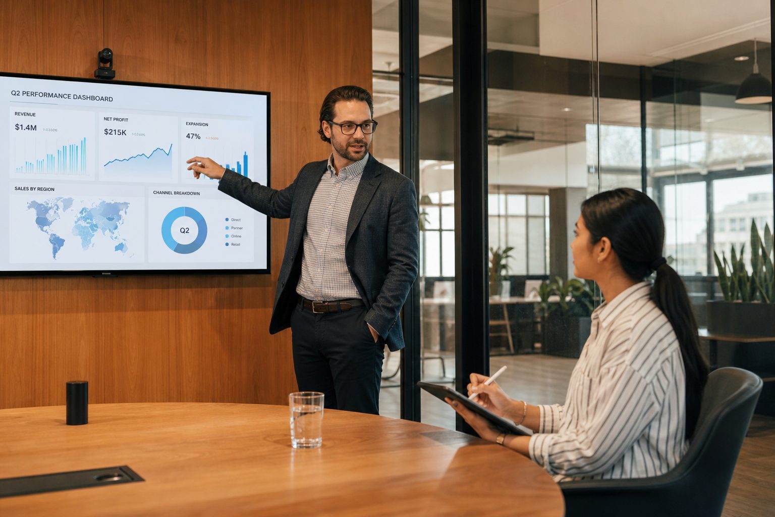 Two professionals reviewing an AI traffic dashboard in a modern meeting room