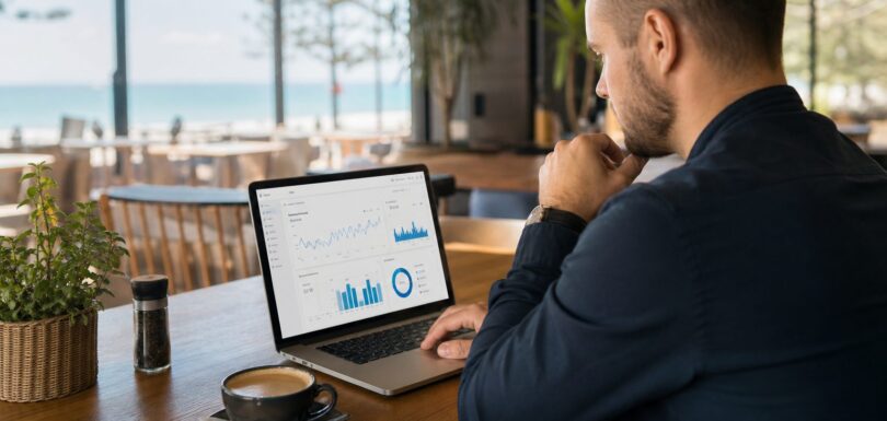 Business owner reviewing search analytics on laptop at a Gold Coast cafe