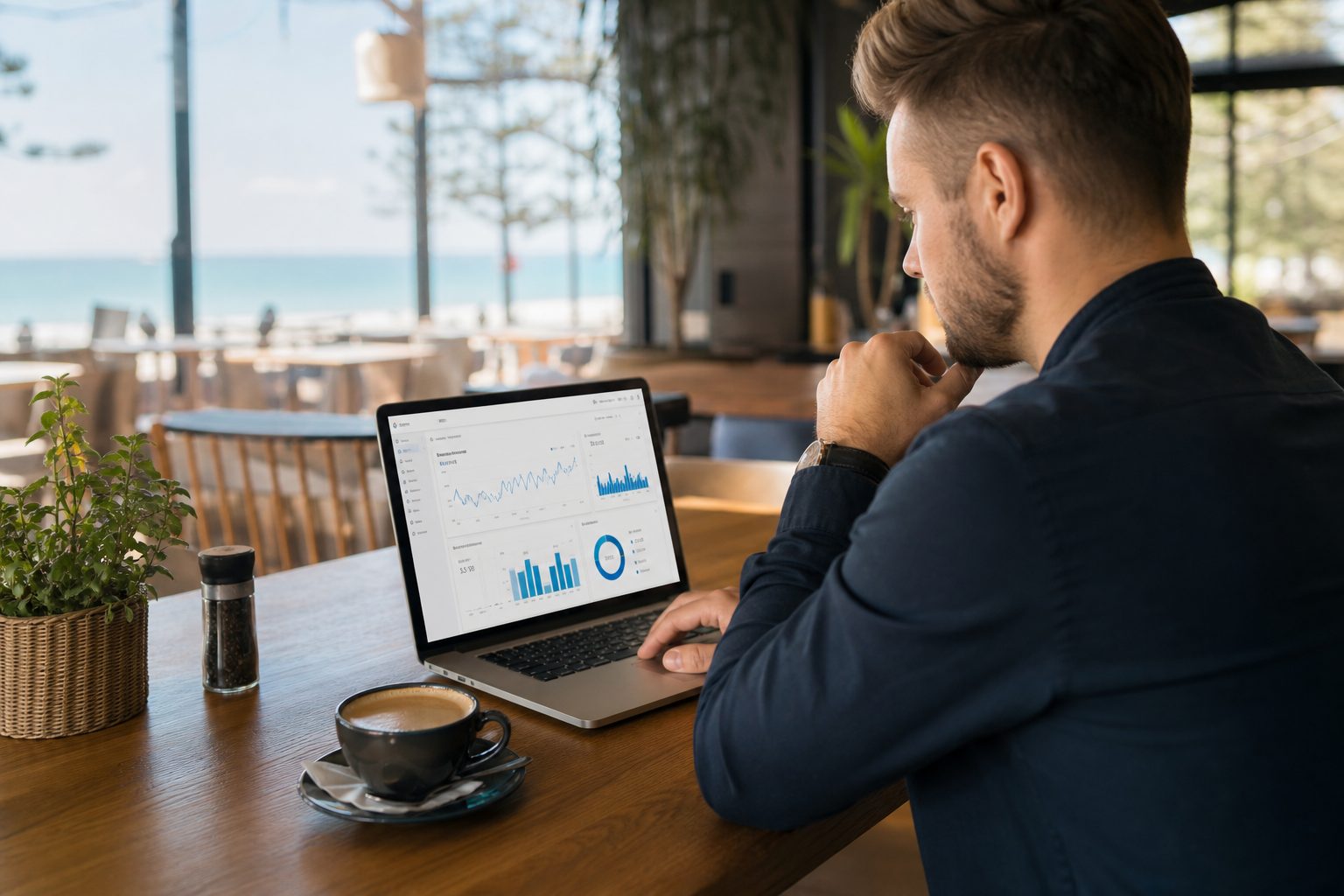 Business owner reviewing search analytics on laptop at a Gold Coast cafe