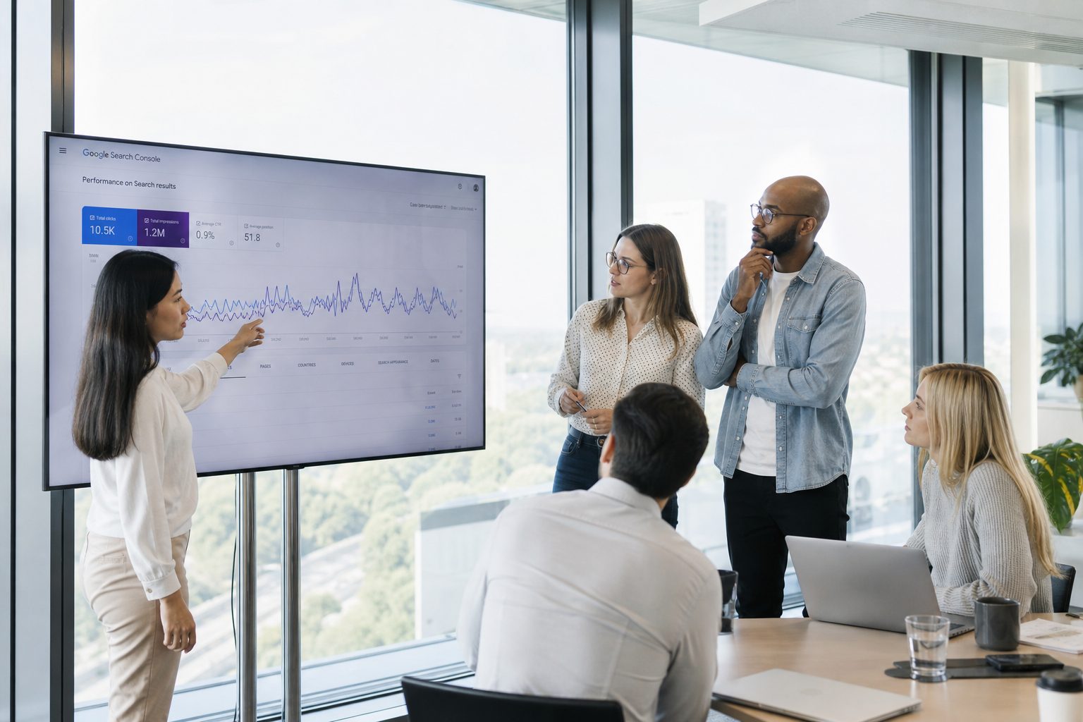 Marketing team analysing zero-click search data and AI Overview impact metrics in a modern office