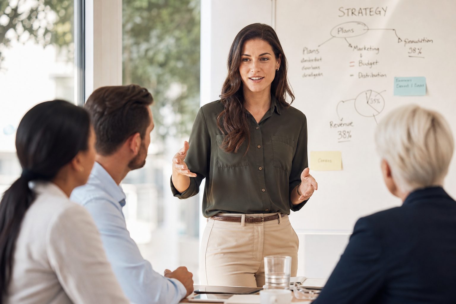 Business professional presenting AI search visibility strategy to colleagues