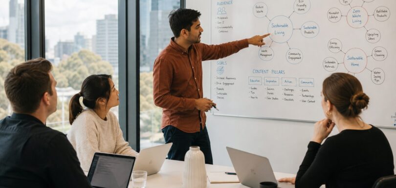 Marketing team collaborating on content strategy mind map in modern Australian office
